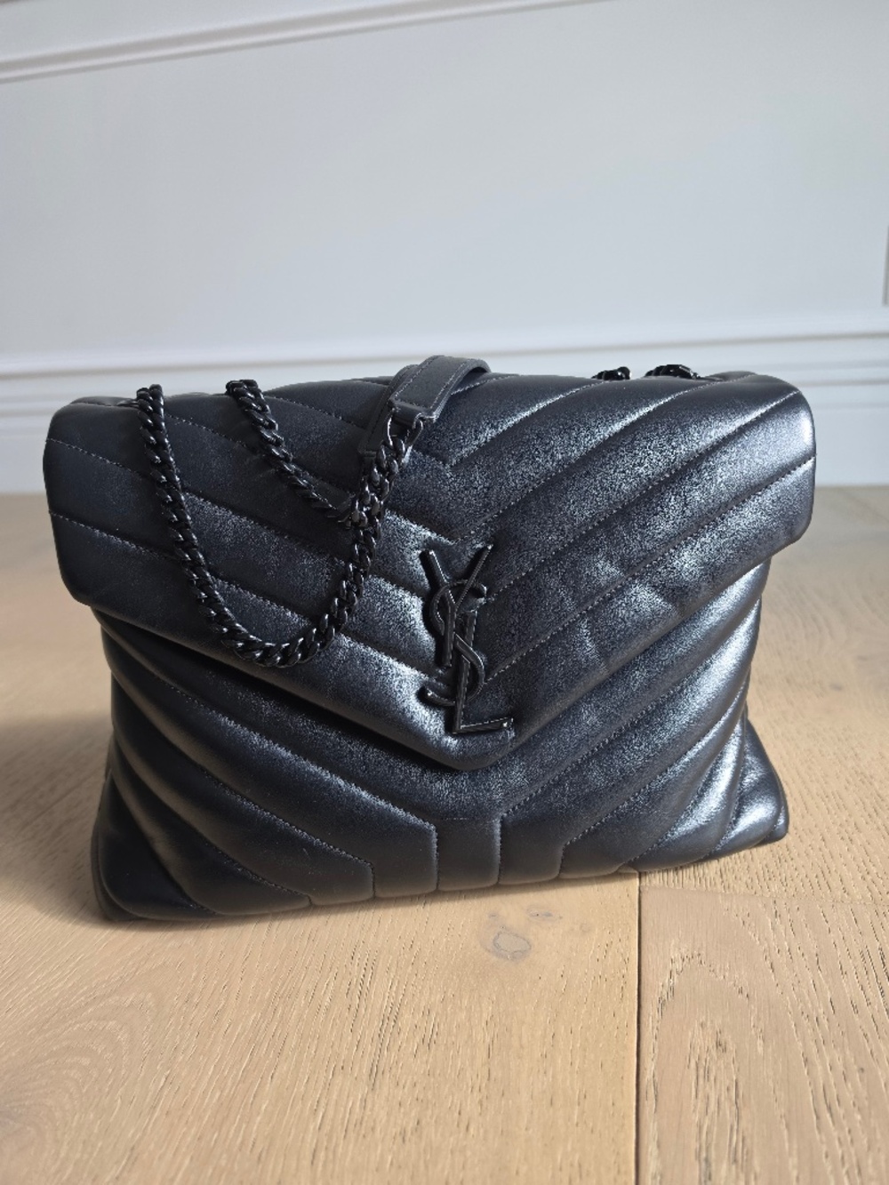 SAINT LAURENT Calfskin Y Quilted Monogram Monochrome Medium Loulou Chain Satchel